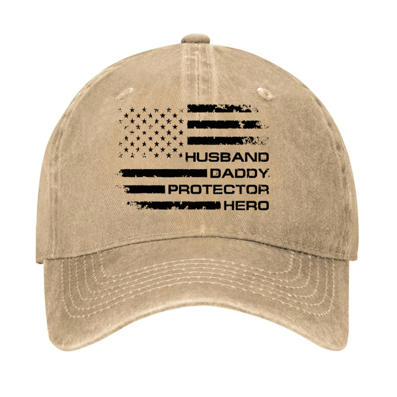 Husband Daddy Protector Hero Fathers Day Camo American Flag Cap