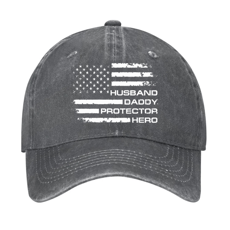 Husband Daddy Protector Hero Fathers Day Camo American Flag Cap