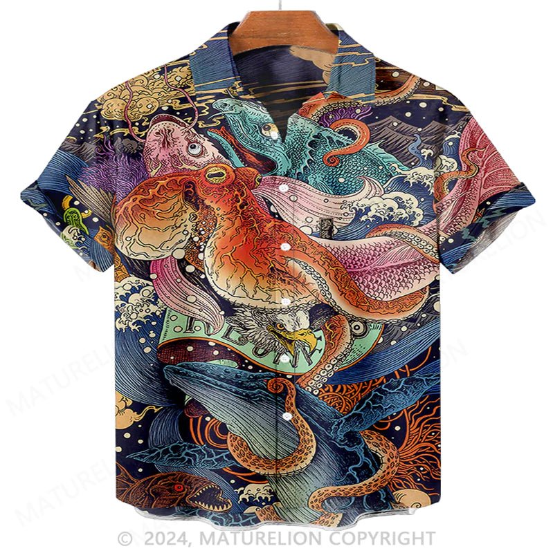 Maturelion Mens Ukiyo-E Octopus Sea Life Print Shirt