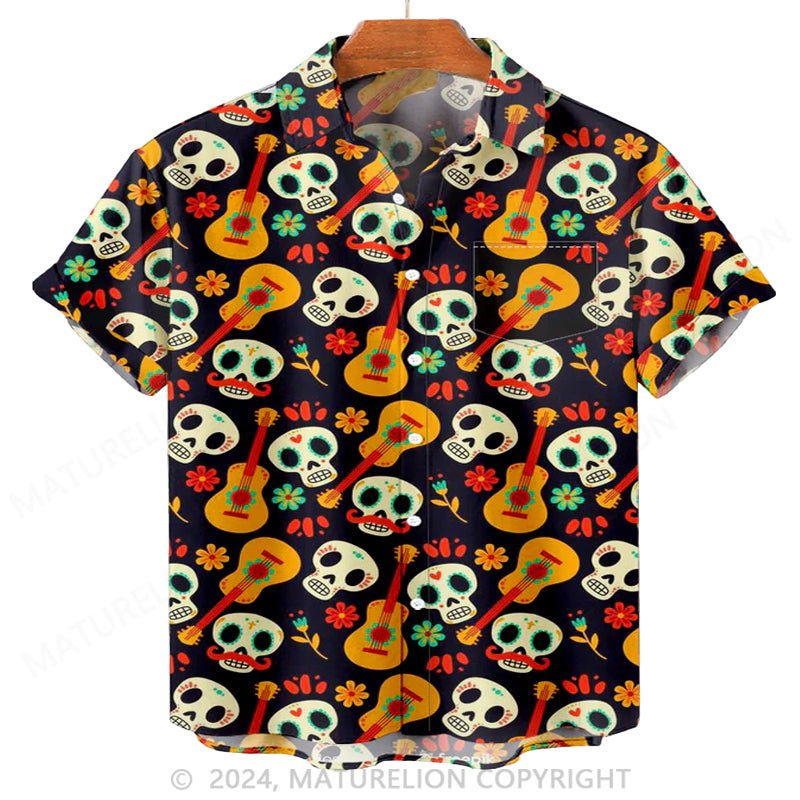 Maturelion Men'S Halloween Day Of The Dead Skull Music Printed Shirt