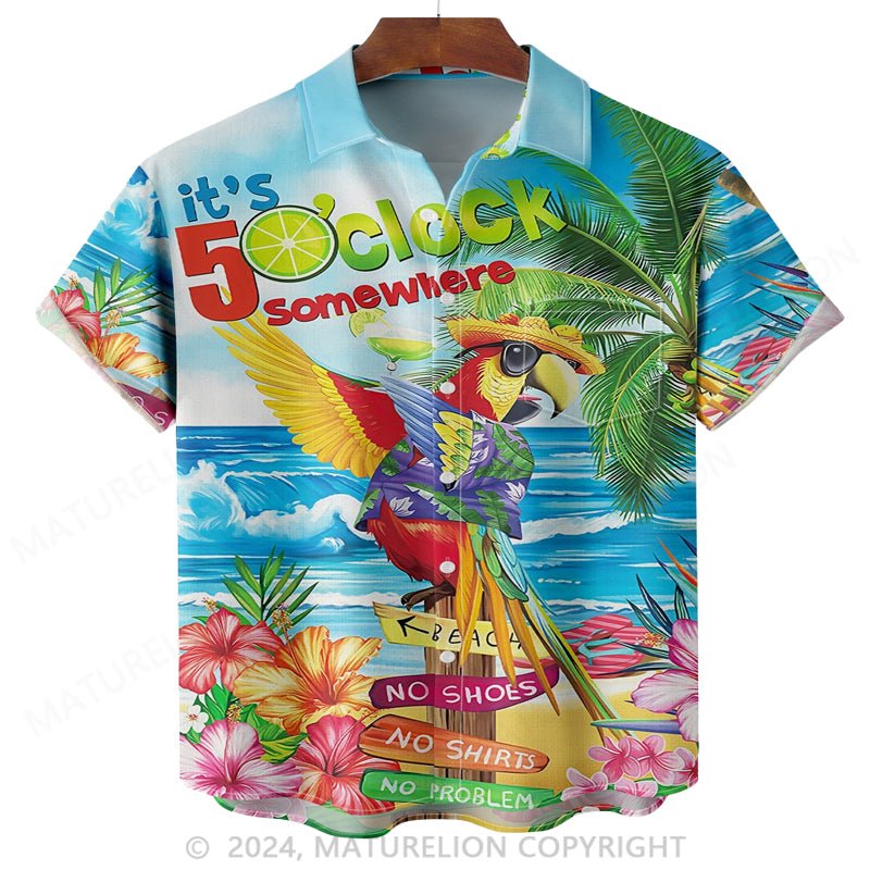 Maturelion Party Shirts It's 5 O'Clock Somewhere Parrot Chest Pocket Short Sleeve Hawaiian Shirt