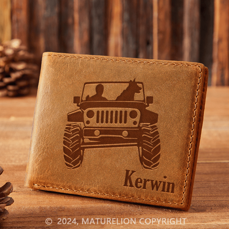 Maturelion Custom Dog Jeep Leather Wallet Christmas Gift for Men