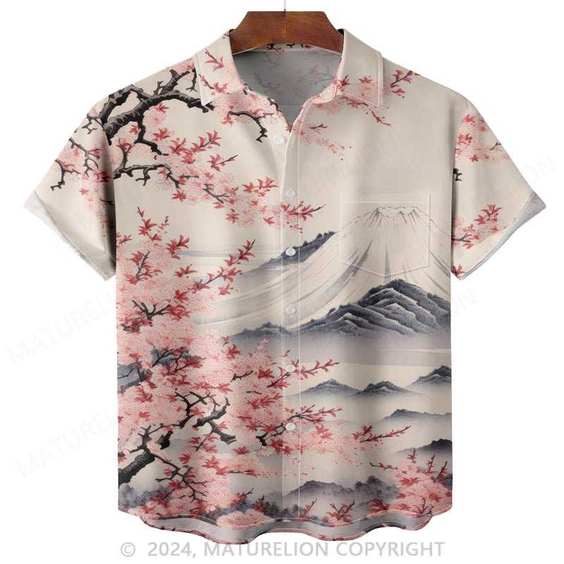 Maturelion Moisture-wicking Cherry Blossoms Chest Pocket Hawaiian Shirt