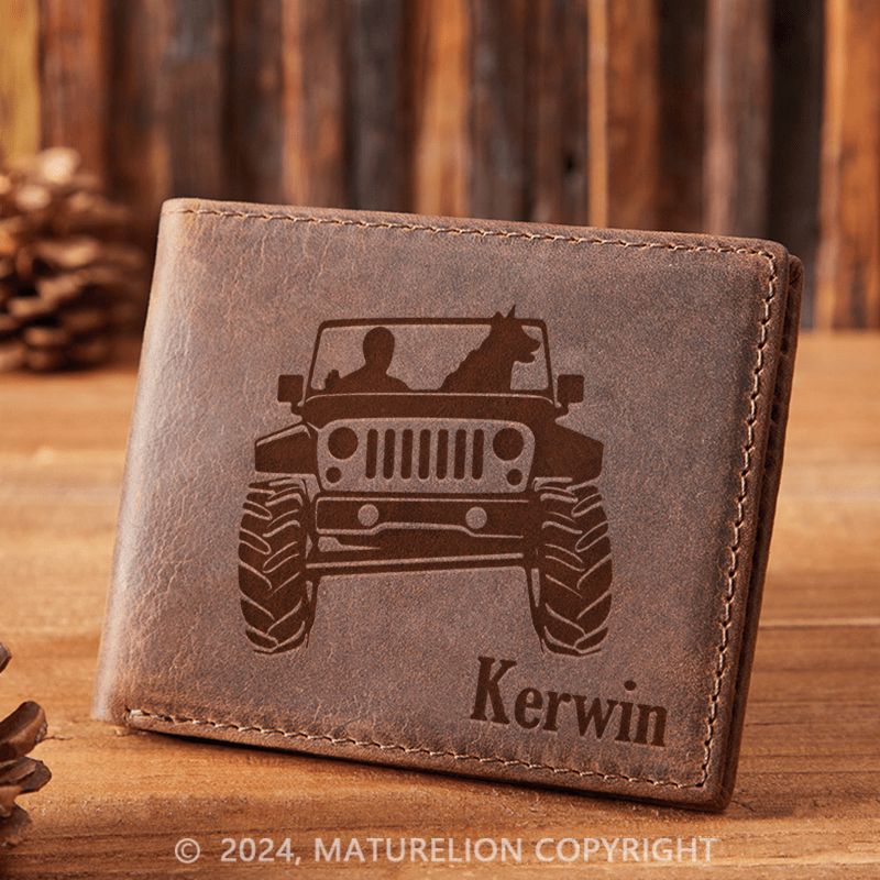 Maturelion Custom Dog Jeep Leather Wallet Christmas Gift for Men