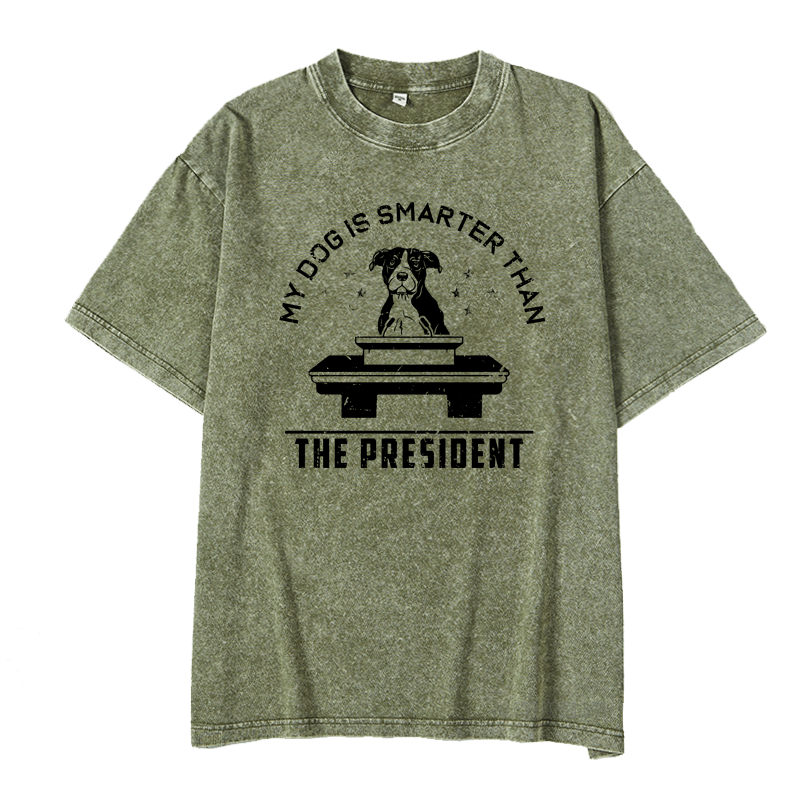 MATURELION MY DOG IS SMARTER THAN THE PRESIDENT DTG PRINTING WASHED COTTON T-SHIRT