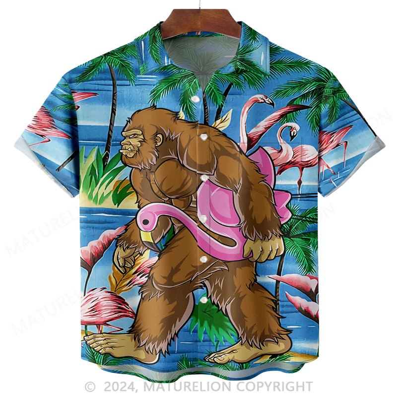 Maturelion Flamingo Chest Pocket Short Sleeve Hawaiian Shirt