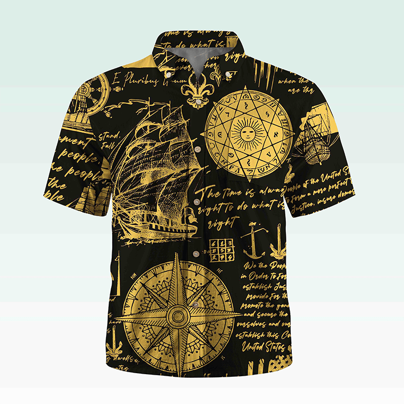 Maturelion Men's Hawaiian Shirt Helloice Steampunk Gold Compass Print Short Sleeve Hawaiian Shirt