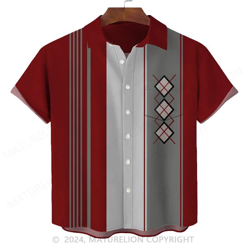 Maturelion 50's Retro Mid-Century Geometric Men's Bowling Shirt