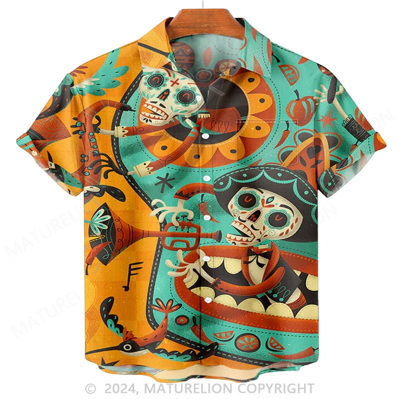 Maturelion Men'S Day Of The Dead Halloween Music Printed Shirt