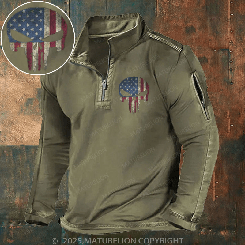 Maturelion Men's Henley Shirt Patriotic American Flag Vigilante Skull Henley Shirt