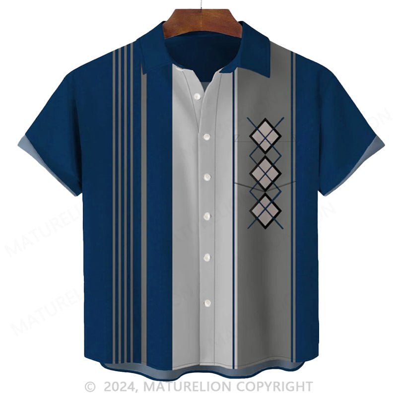 Maturelion 50's Retro Mid-Century Geometric Men's Bowling Shirt