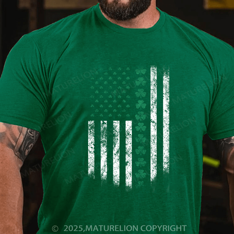 Maturelion St Patrick's T-shirt St Patricks Day USA Flag Shamrock Clover T-Shirt