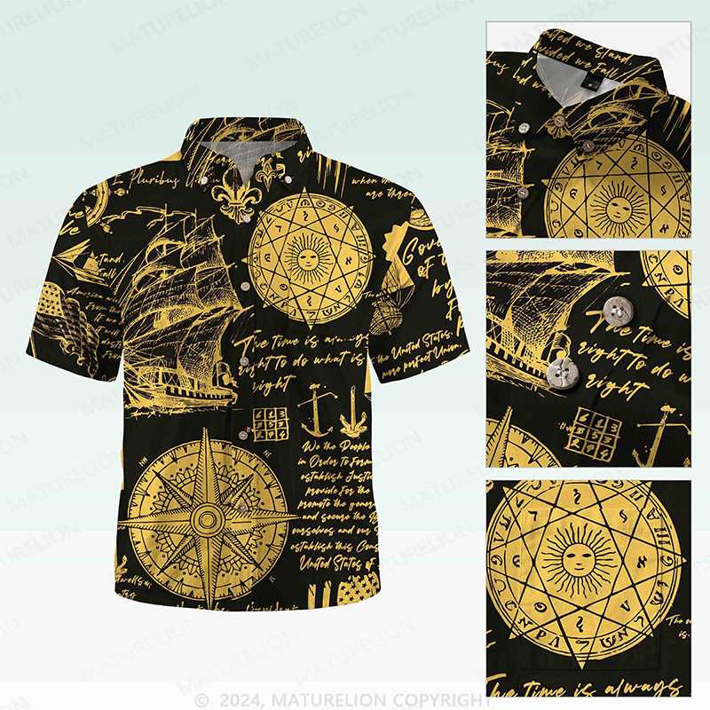 Maturelion Men's Hawaiian Shirt Helloice Steampunk Gold Compass Print Short Sleeve Hawaiian Shirt