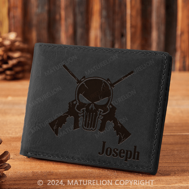 Maturelion Custom Skull Assault Rifle Leather Wallet Christmas Gift for Men