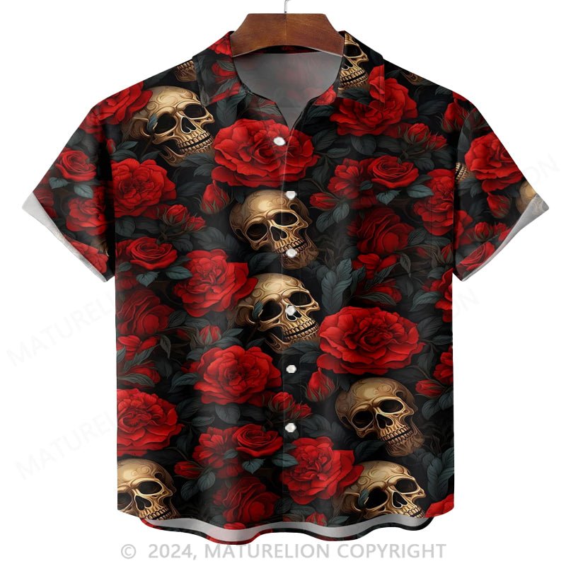 Maturelion Moisture-wicking Rock Music Skull Drop Rose Chest Pocket Hawaiian Shirt