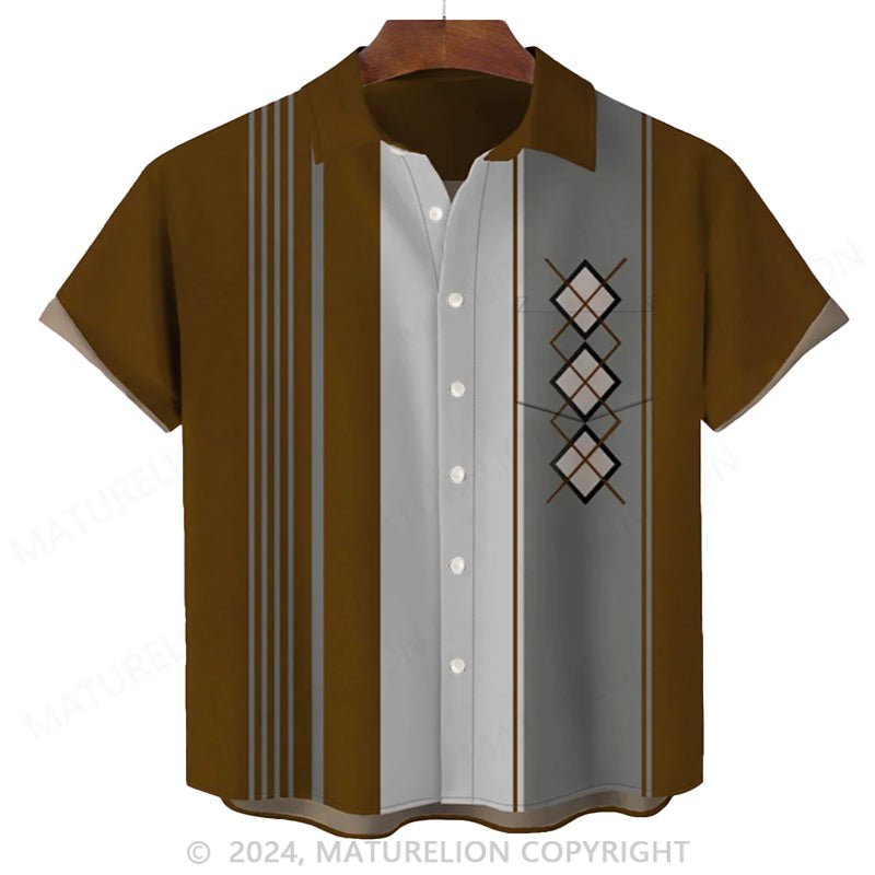 Maturelion 50's Retro Mid-Century Geometric Men's  Stretch Plus Size Aloha Camp Pocket Shirt