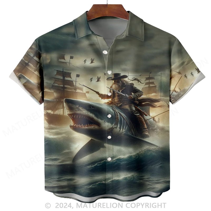 Maturelion Moisture-wicking Pirate Art Painting Chest Pocket Hawaiian Shirt