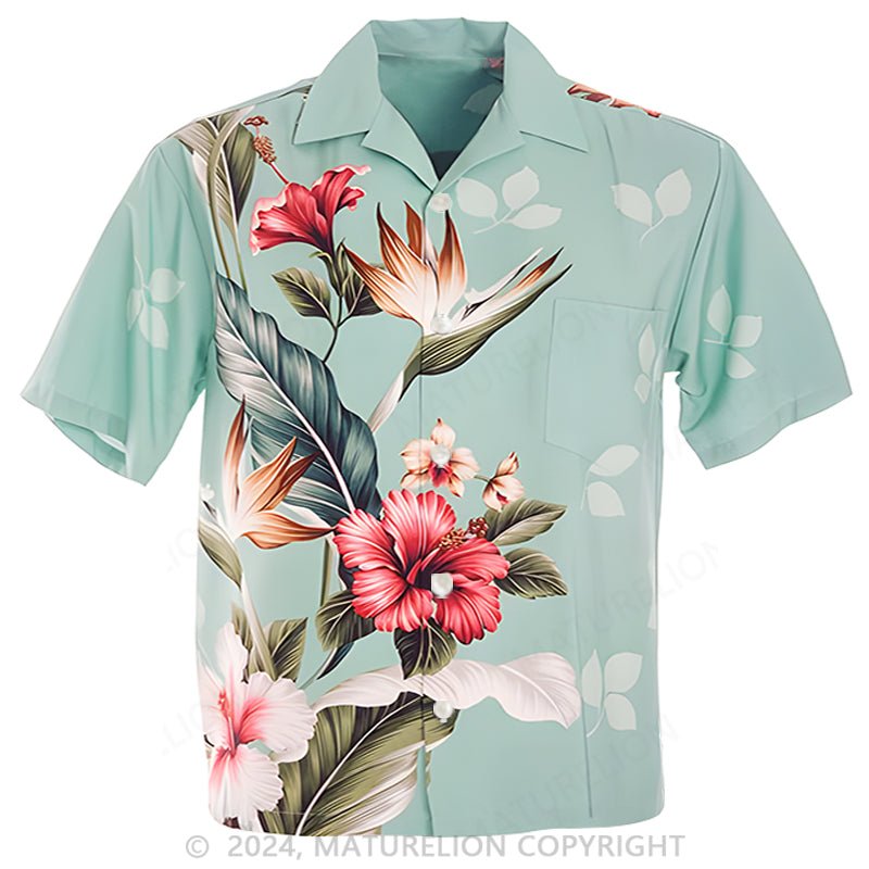 Tropical Flowers Teal Rayon Men's Hawaiian Shirt