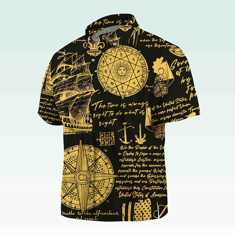 Maturelion Men's Hawaiian Shirt Helloice Steampunk Gold Compass Print Short Sleeve Hawaiian Shirt