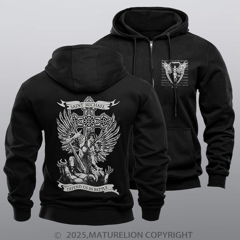 Maturelion Men's Hoodie Saint Michael Defend Us Zipper Hoodie