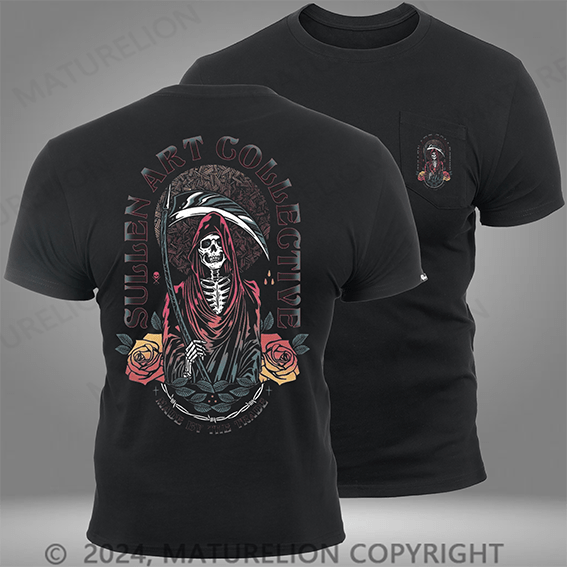 Maturelion Gate Keeper Day of the Dead Reaper Tattoo Short Sleeve Pocket T-Shirt