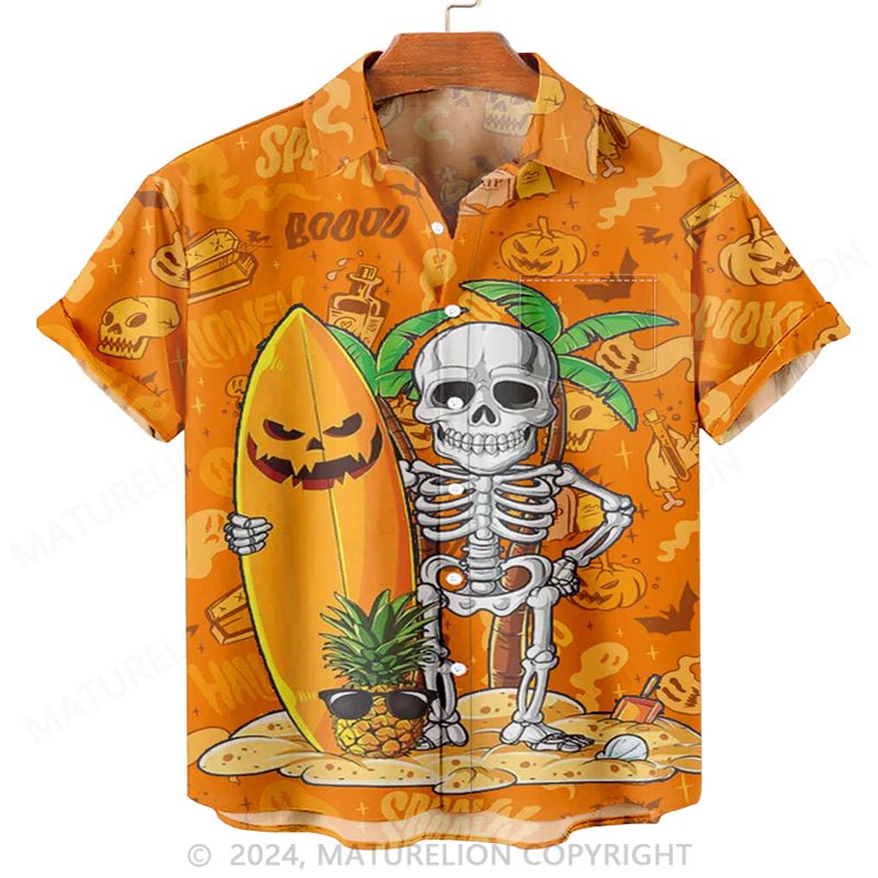 Maturelion Men'S Halloween Vacation Skeletons And Surfboards Printed Shirt