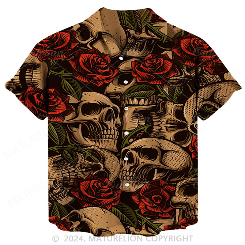 Maturelion Men's Youth Fashion Skull Rose Beach Casual Hawaiian Shirt