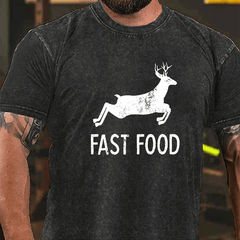 Fast Food Deer Print Vintage Washed Cotton T-shirt
