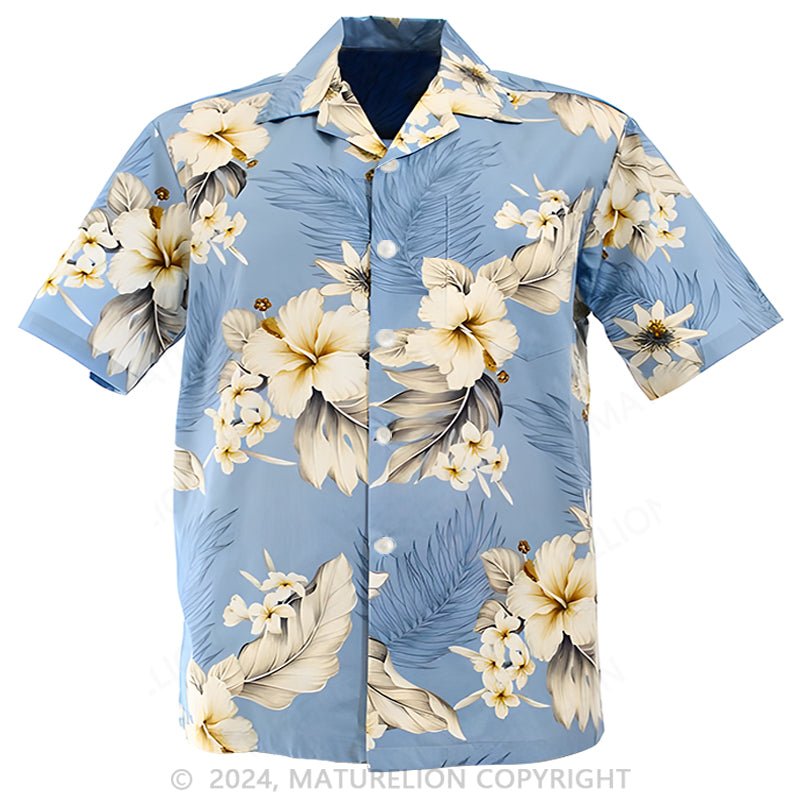 Maturelion Hibiscus Blue Cotton Men's Hawaiian Shirt