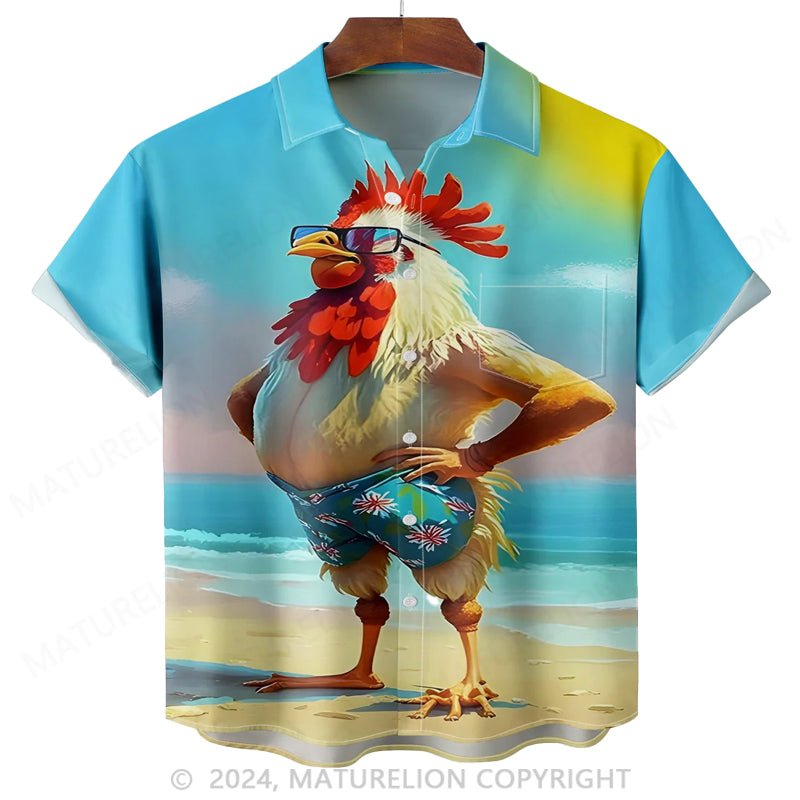 Maturelion Moisture-wicking Ombre Beach Chicken Chest Pocket Hawaiian Shirt