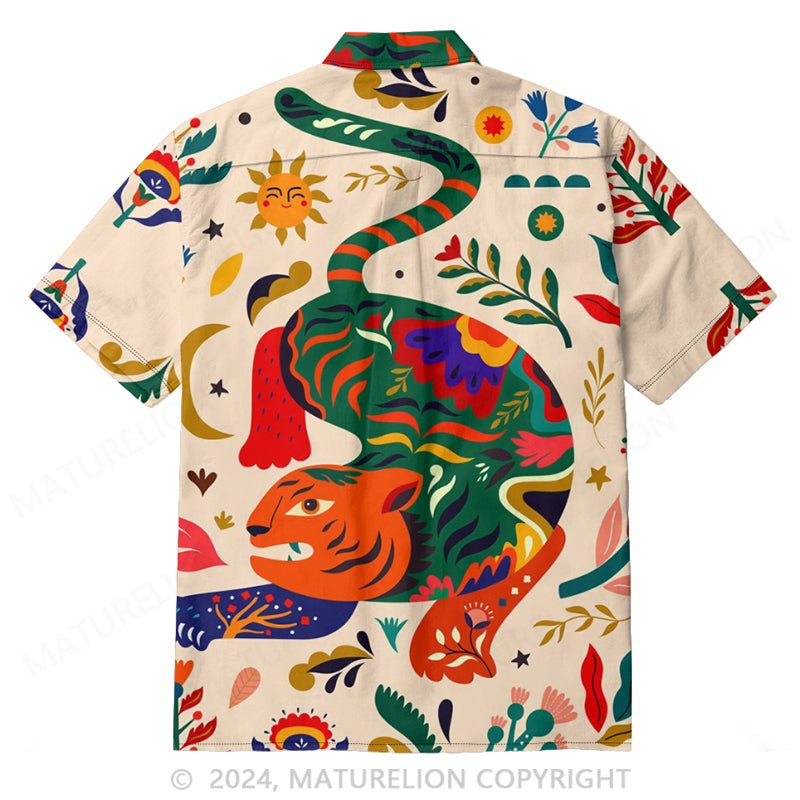 Maturelion Men's Boho Tiger Vacation Floral Art Print Casual Shirt