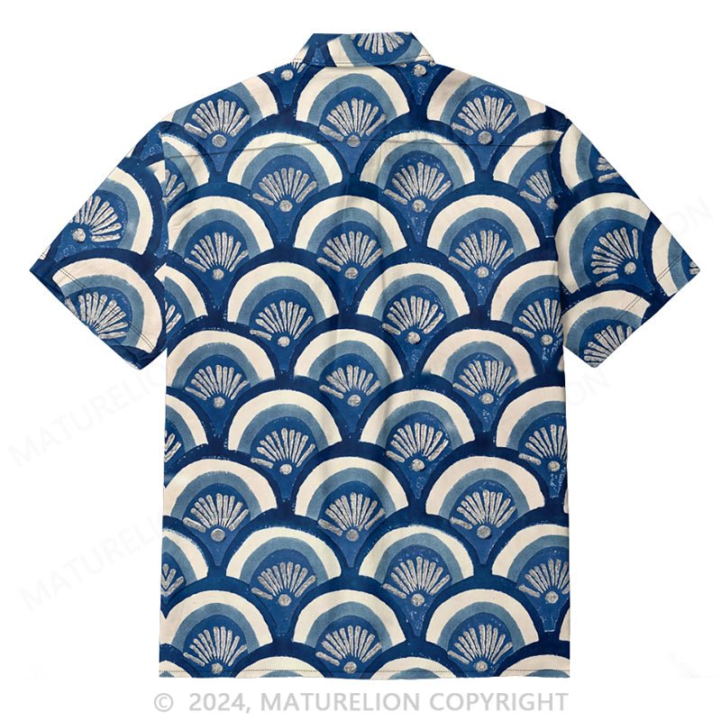 Maturelion Men's Casual Shirts Blue Seigaiha Print Casual Shirts Japanese Waves Beach Shirt Hawaiian Street Style Blouse