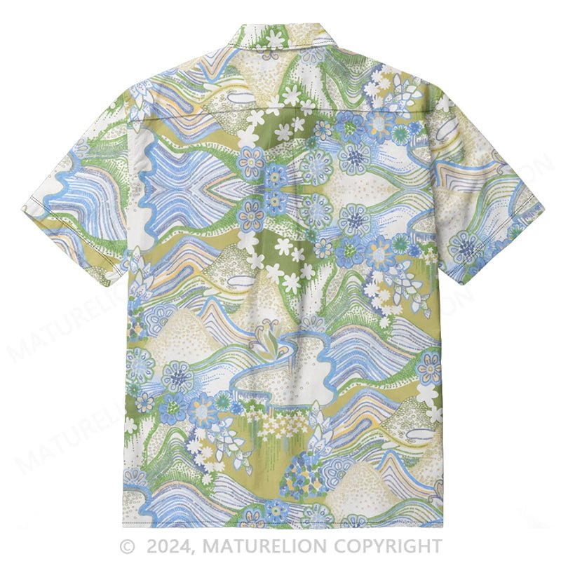 Maturelion Blue and Green Button Down Retro Print Ladies Shirt