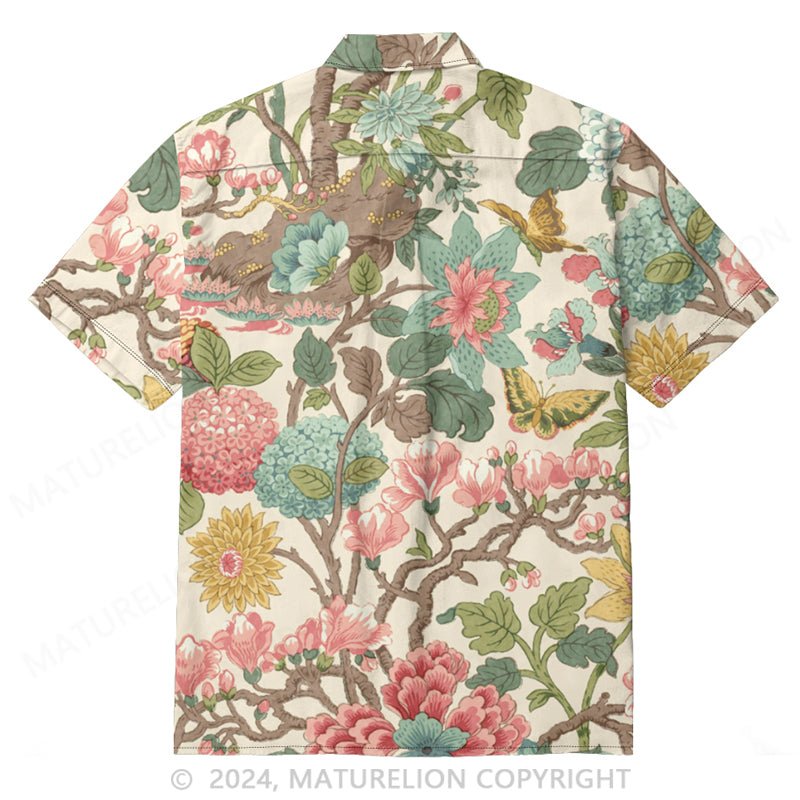 Maturelion Retro Floral Art Print Casual Cotton Shirt