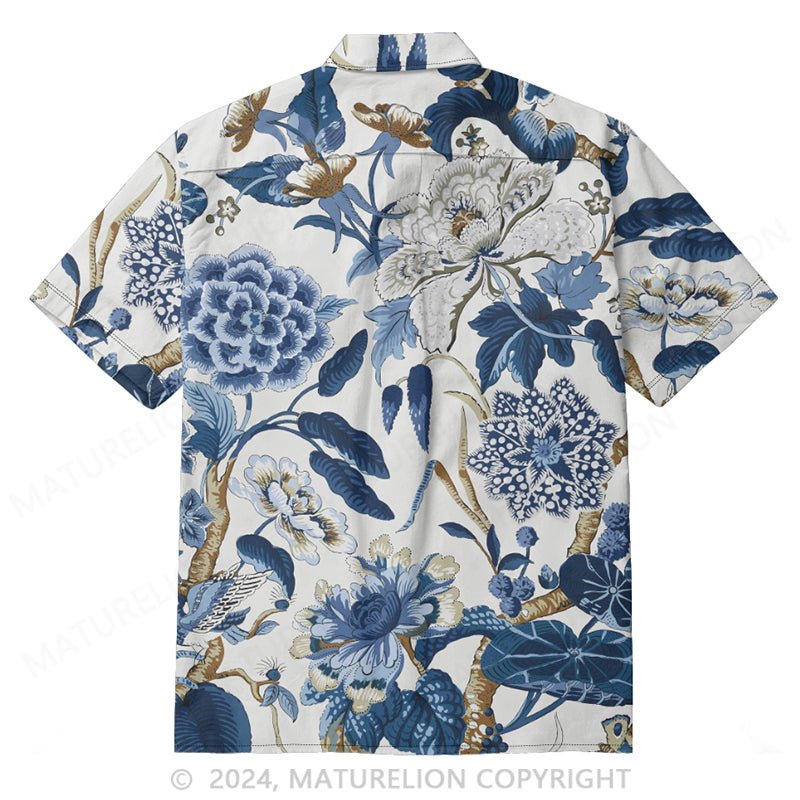 Maturelion Men's Button Down Shirts Flowers And Plants Print Short Sleeve Casual Blouse