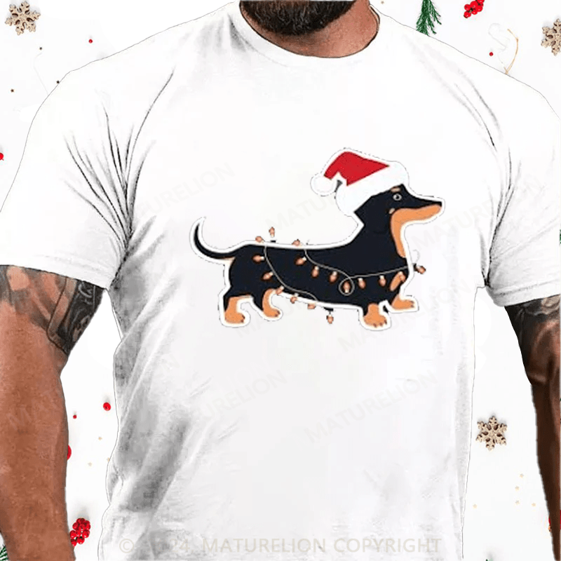 Maturelion Christmas T-Shirt Cute Weiner Dog Christmas Lights Graphic Printed Short Sleeve T-Shirt