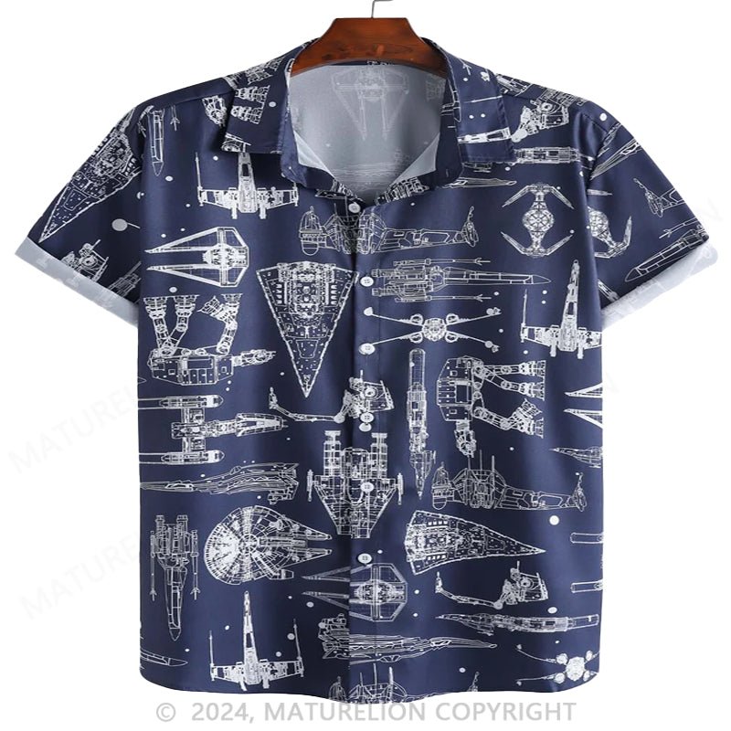 Maturelion Mens Aerospace Machine Print Casual Breathable Short Sleeve Hawaiian Shirt