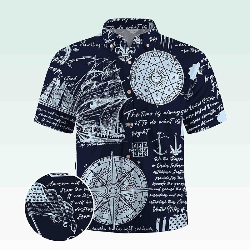 Maturelion Men's Hawaiian Shirt Helloice Steampunk Gold Compass Print Short Sleeve Hawaiian Shirt