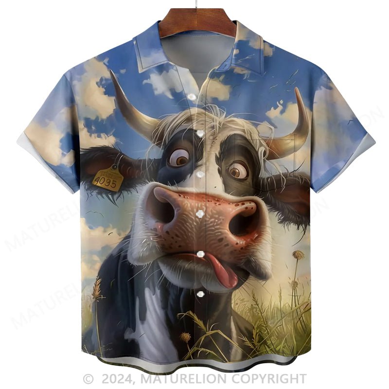 Maturelion Moisture-wicking Cow Chest Pocket Hawaiian Shirt