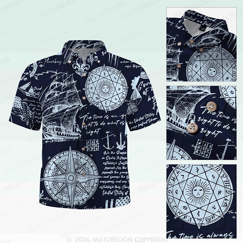 Maturelion Men's Hawaiian Shirt Helloice Steampunk Gold Compass Print Short Sleeve Hawaiian Shirt