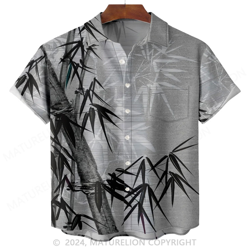 Maturelion Hawaiian Shirt for Men Grey Bamboo Chest Pocket Short Sleeve Casual Button Down Shirt