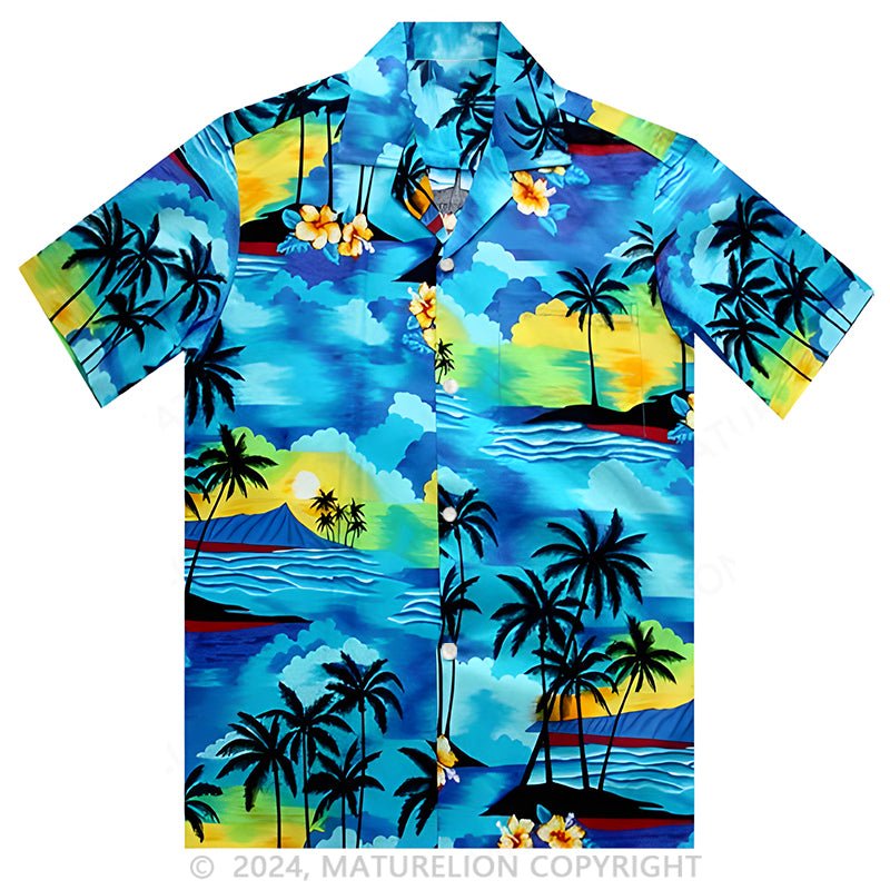 Maturelion Hawaiian Sunset Blue Cotton Men's Hawaiian Shirt