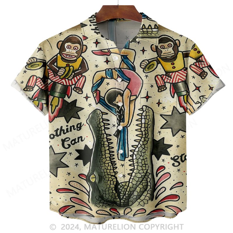 Maturelion Alligator Beauty Chest Pocket Short Sleeve Casual Vintage Tattoo Hawaiian Shirt