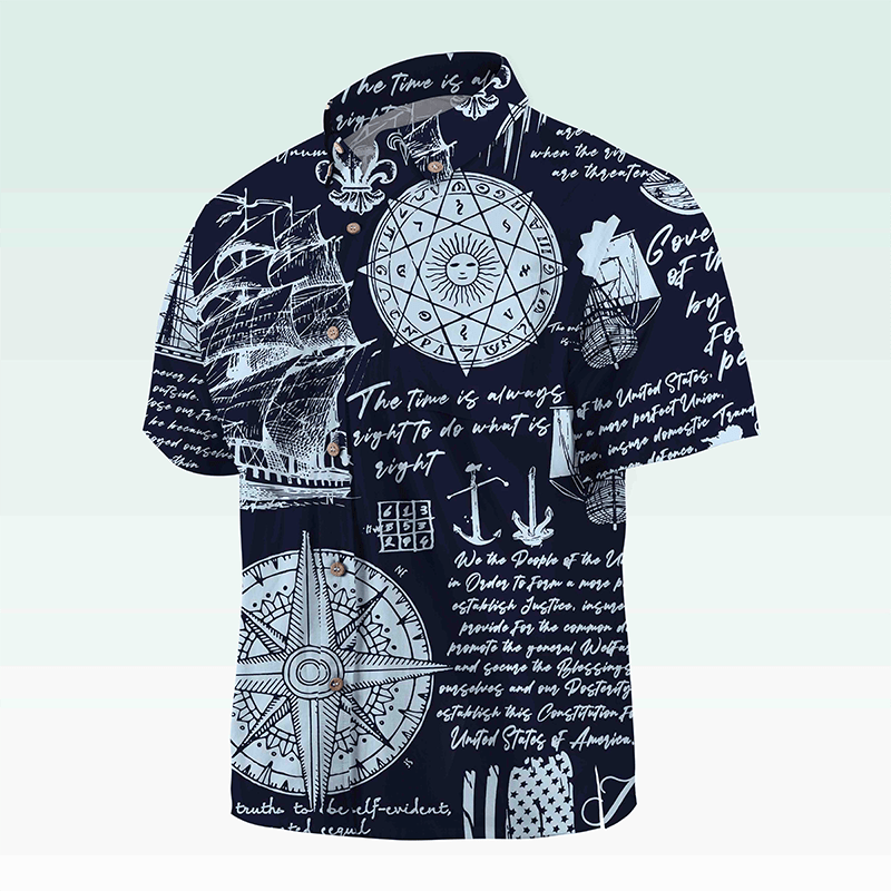 Maturelion Men's Hawaiian Shirt Helloice Steampunk Gold Compass Print Short Sleeve Hawaiian Shirt