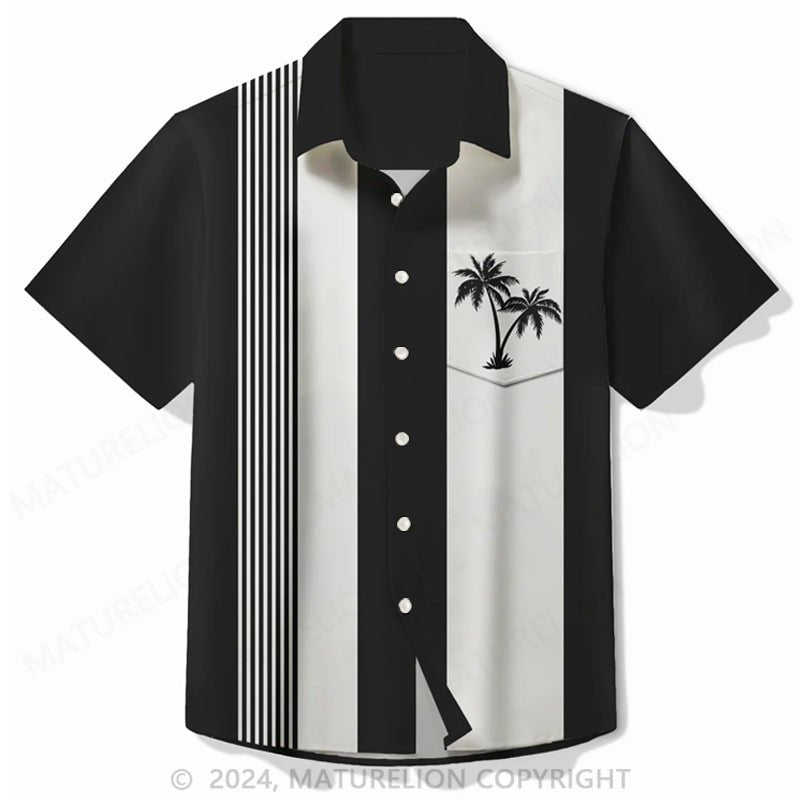 Maturelion Vintage Coconut Bowling Print Men's Button Pocket Short Sleeve Shirt