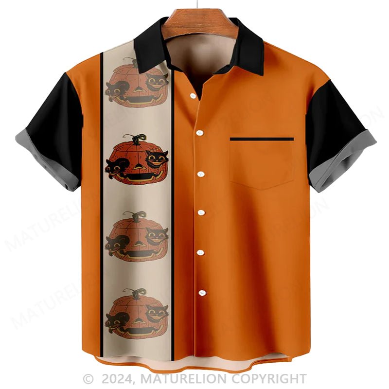 Maturelion Men'S Halloween Pumpkin And Cat Printed Shirt