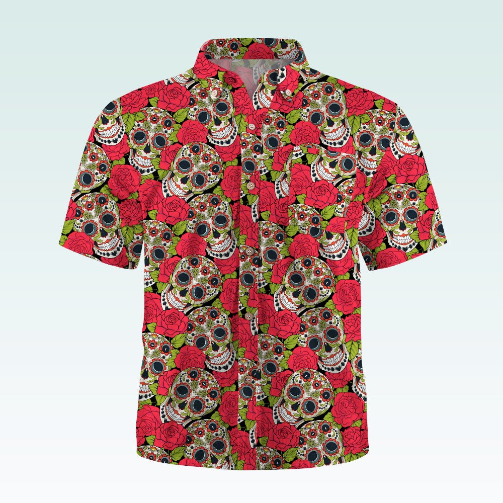 Maturelion Men's Hawaiian Shirt Mexican Sugar Skull Short-Sleeve Work Shirt Print Button Down Tops with Pockets for Men