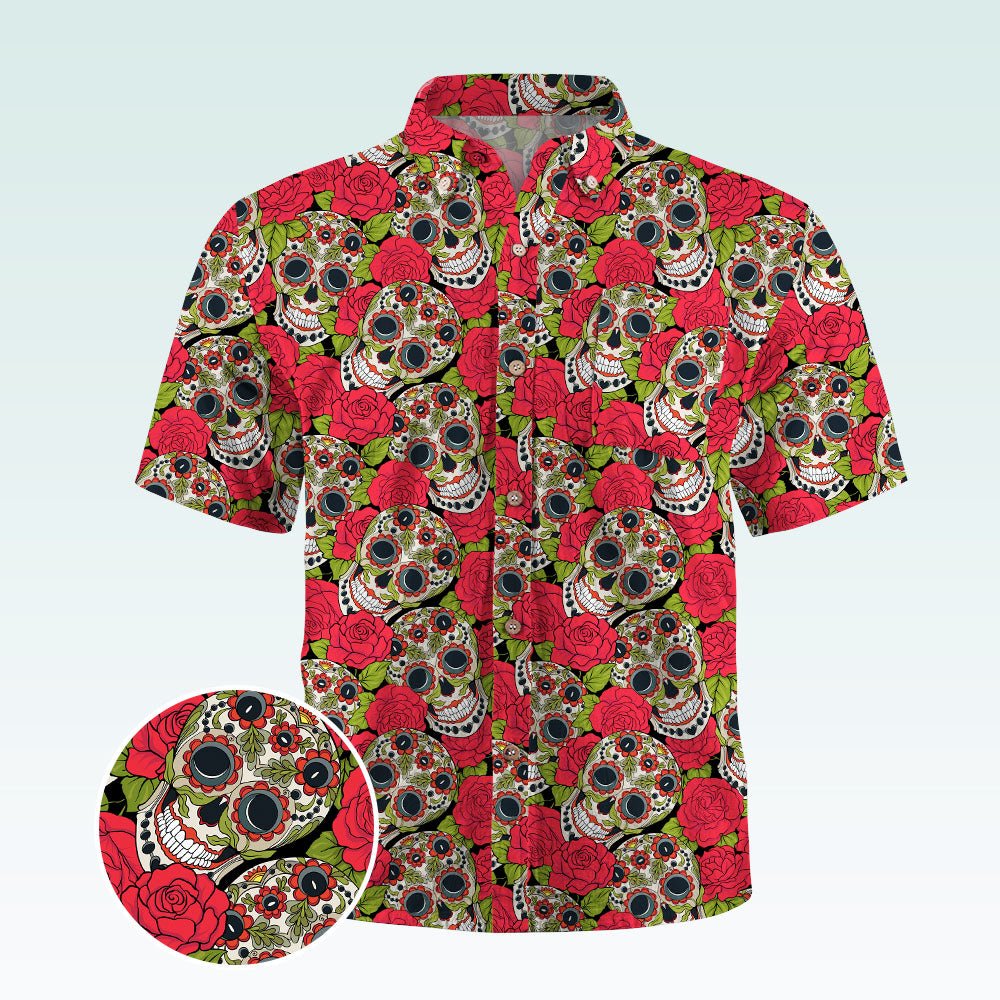 Maturelion Men's Hawaiian Shirt Mexican Sugar Skull Short-Sleeve Work Shirt Print Button Down Tops with Pockets for Men