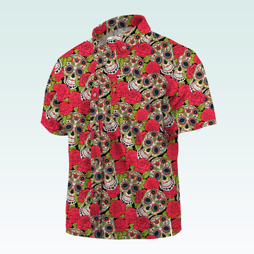 Maturelion Men's Hawaiian Shirt Mexican Sugar Skull Short-Sleeve Work Shirt Print Button Down Tops with Pockets for Men