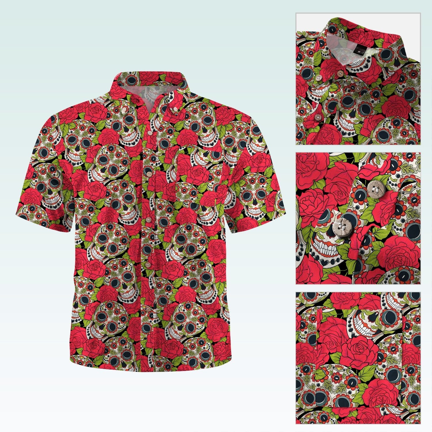 Maturelion Men's Hawaiian Shirt Mexican Sugar Skull Short-Sleeve Work Shirt Print Button Down Tops with Pockets for Men